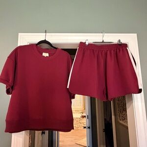 Women's Burgundy Short Sleeve Sweatshirt & Side-Stripe Shorts Set